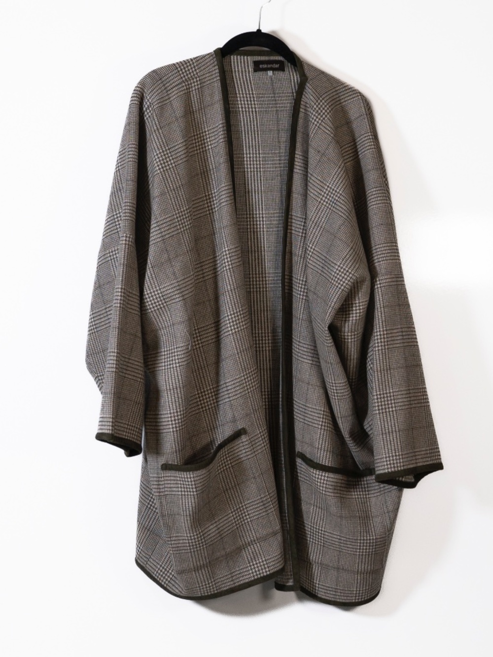 Eskandar Wool Angora Cashmere Leather Trim Open Front Cardigan Sweater Check